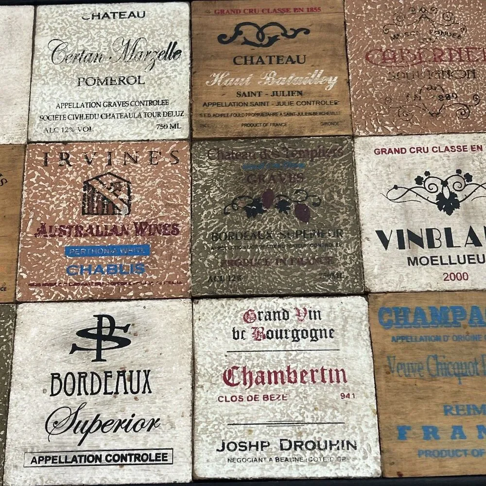 Vintage Style WIne Champagne Wall Decor Country Rustic Squares 12”x18” Framed